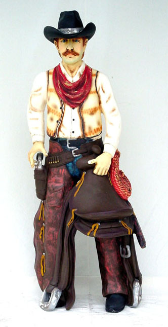 Levensgrote cowboy polyesterbeeld met westernzadel